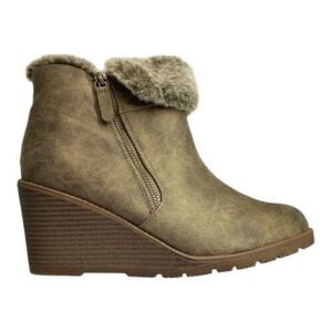 Lane Bryant Taupe Faux Leather Fur Trim Wedge Ankle Booties Sz 11 WIDE W…